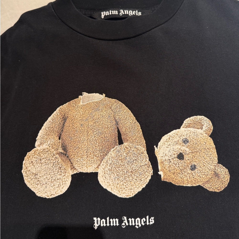 Palm Angels Black Tee with Tan Teddy Bear Design